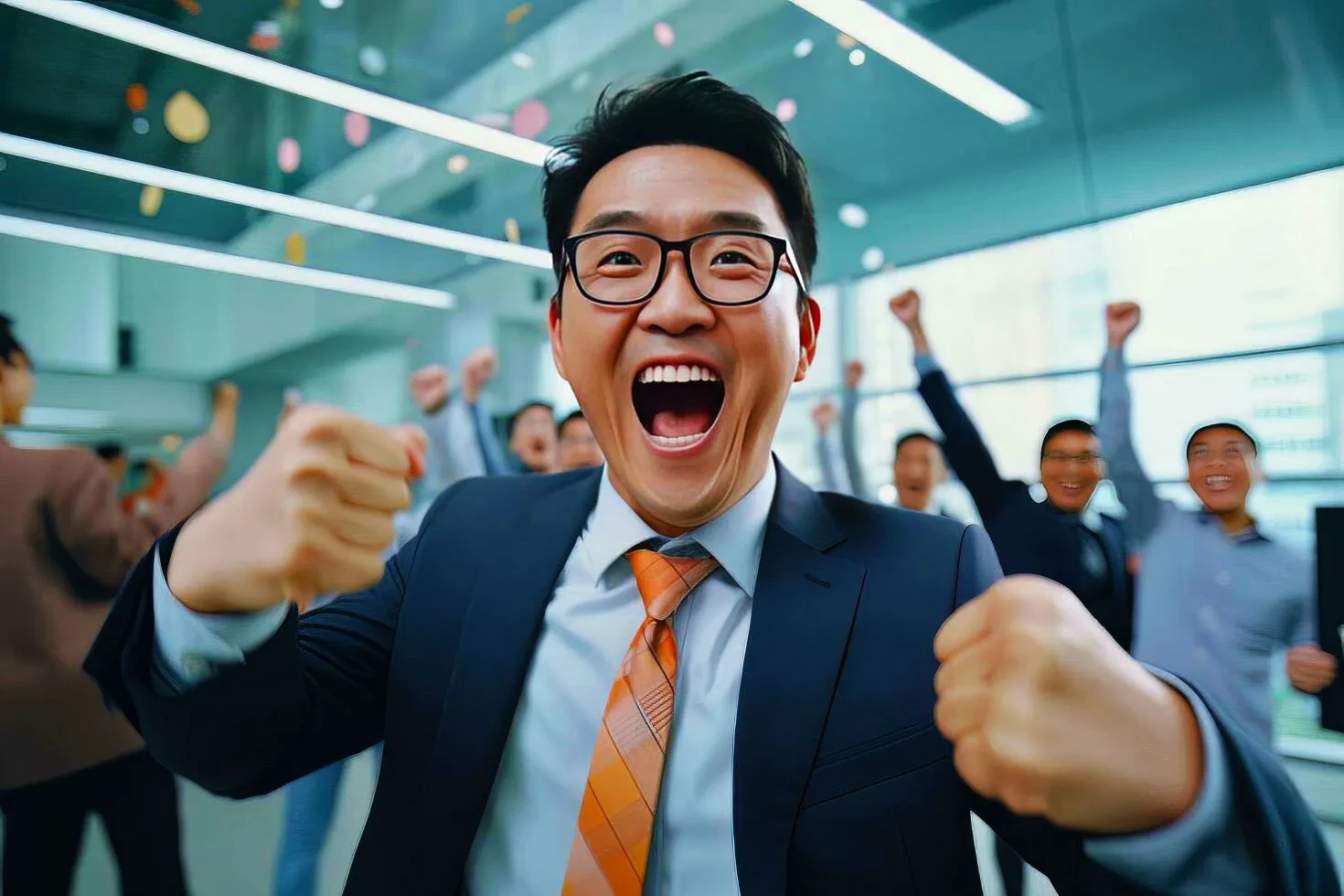 03 happy successful asian businessman celebrating in modern office celebrate success