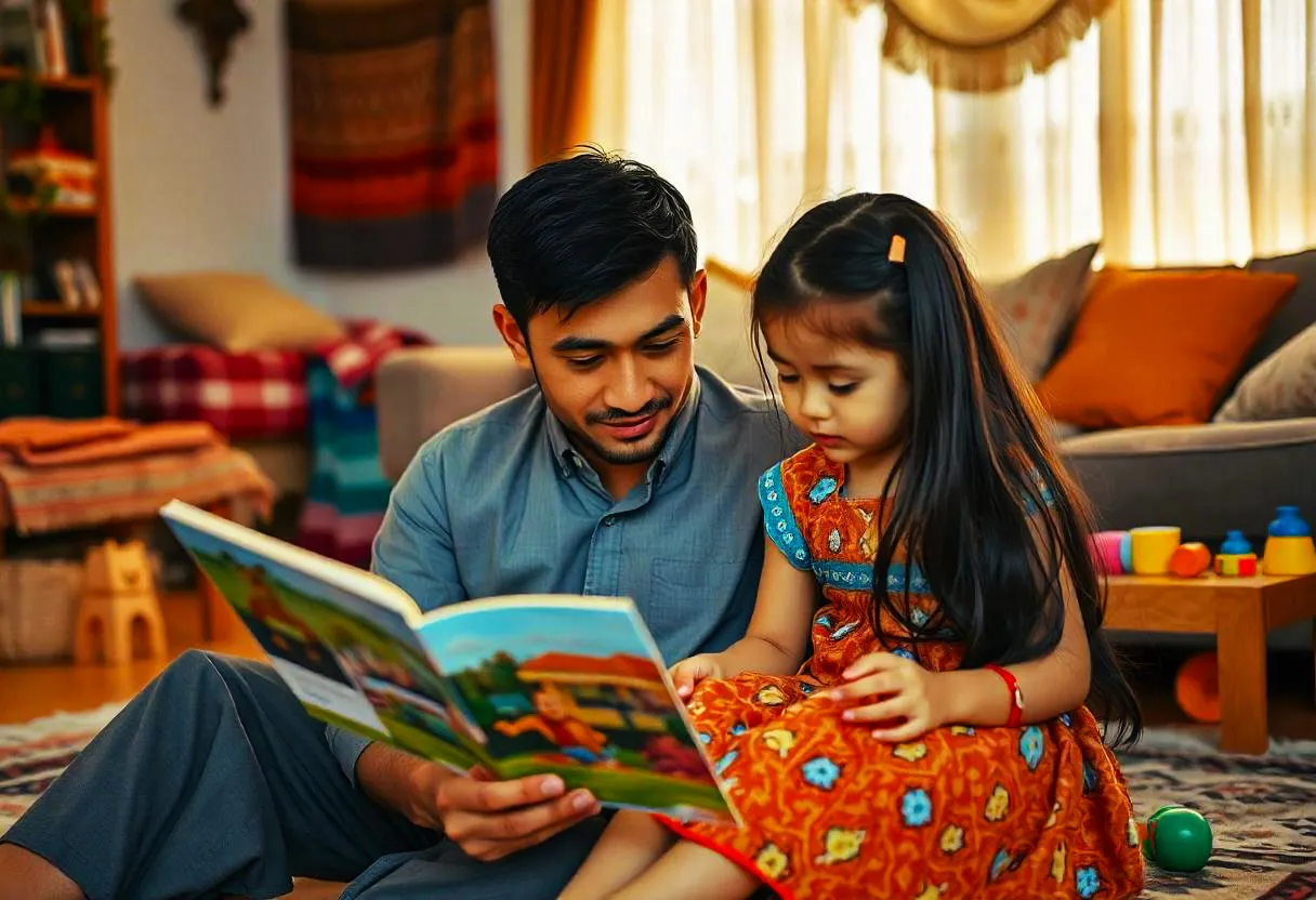 Orang tua membaca buku cerita untuk anak di rumah
