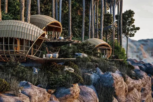 Ilustrasi Kabin Kokon di Tepi Tebing Kuba